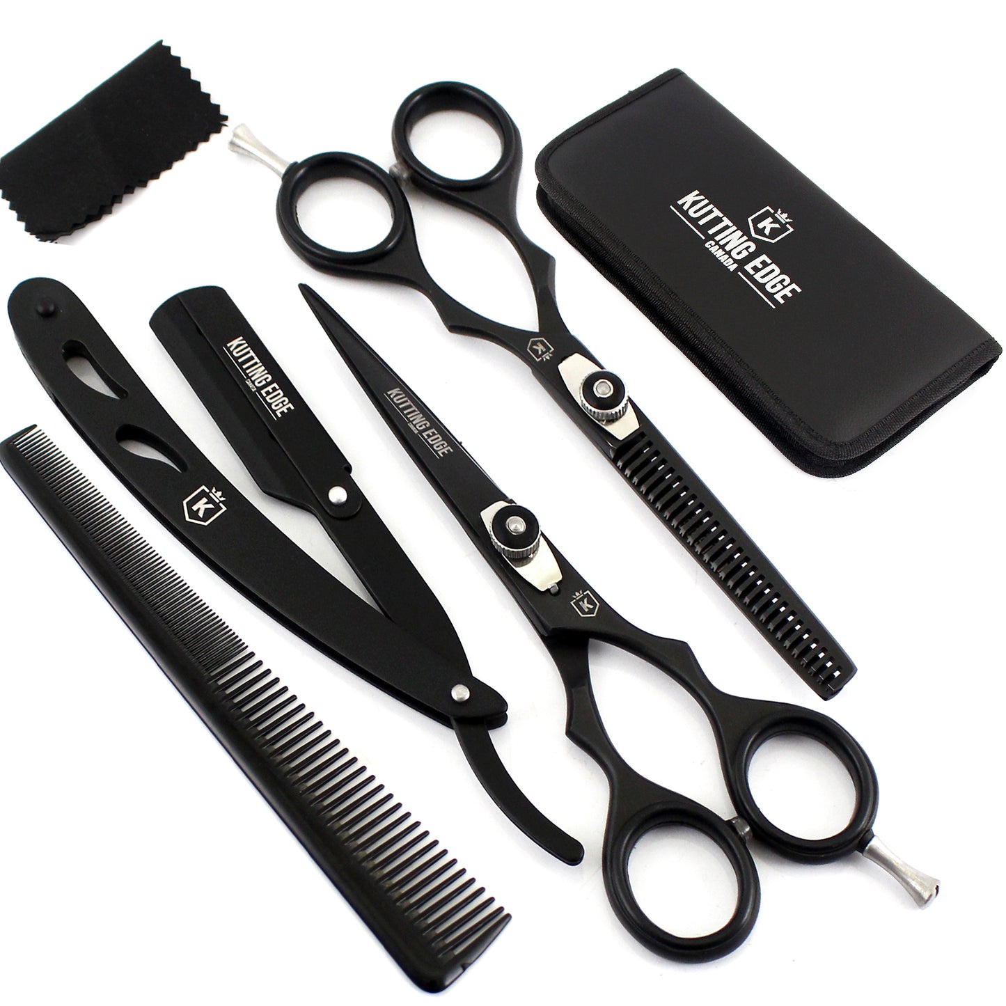 Black Hair cutting texturizing scissors with comb and straight edge razor