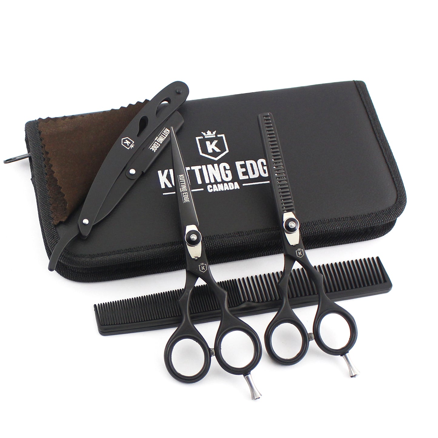 Black hair scissors thinning shears Pro kit with comb and straight razor