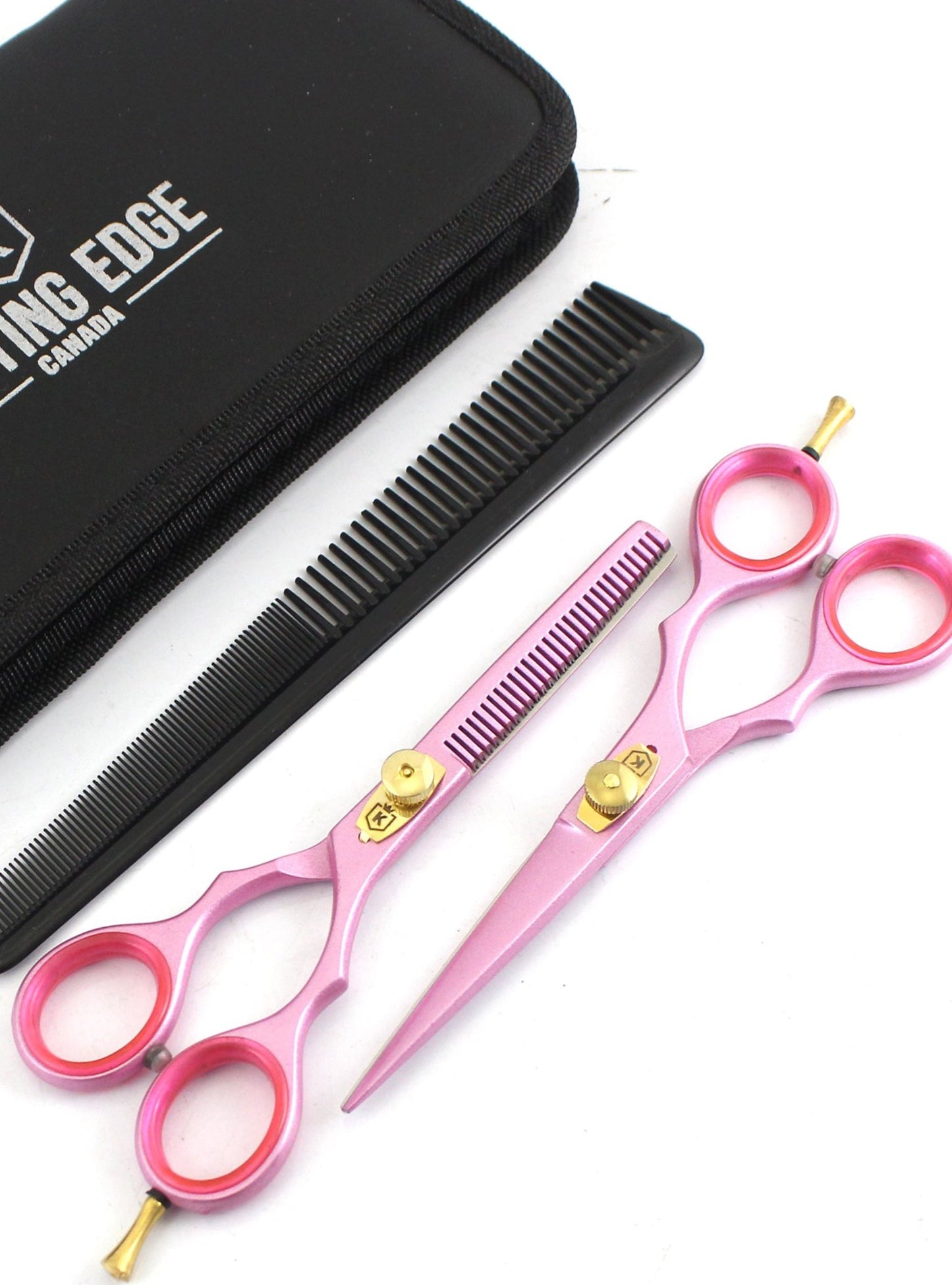 Pink hair cutting and hair thinning shears set with comb and travel Pouch