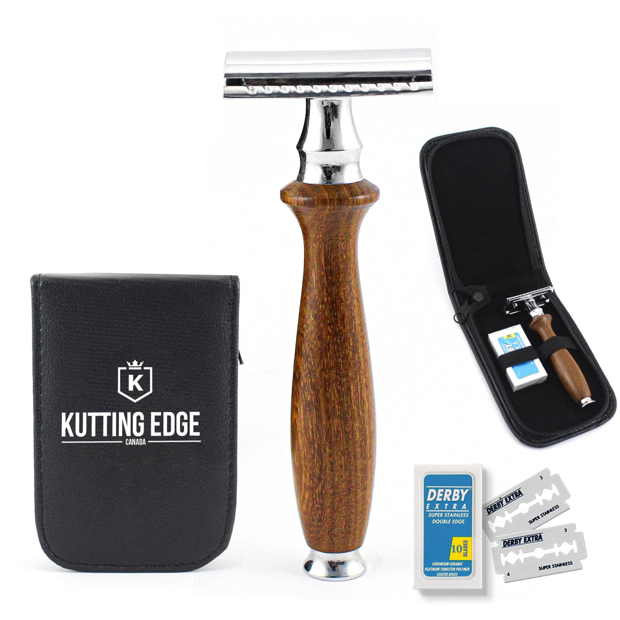 Safety Razor With Wood handle With re-useable blades and Travel Pouch ...